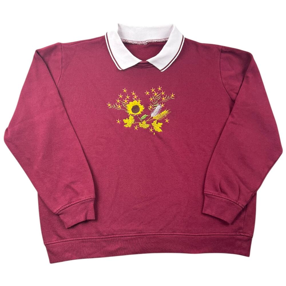 Vintage Adrian Delafield Burgundy Sunflower Embroidered Collared Sweatshirt - L